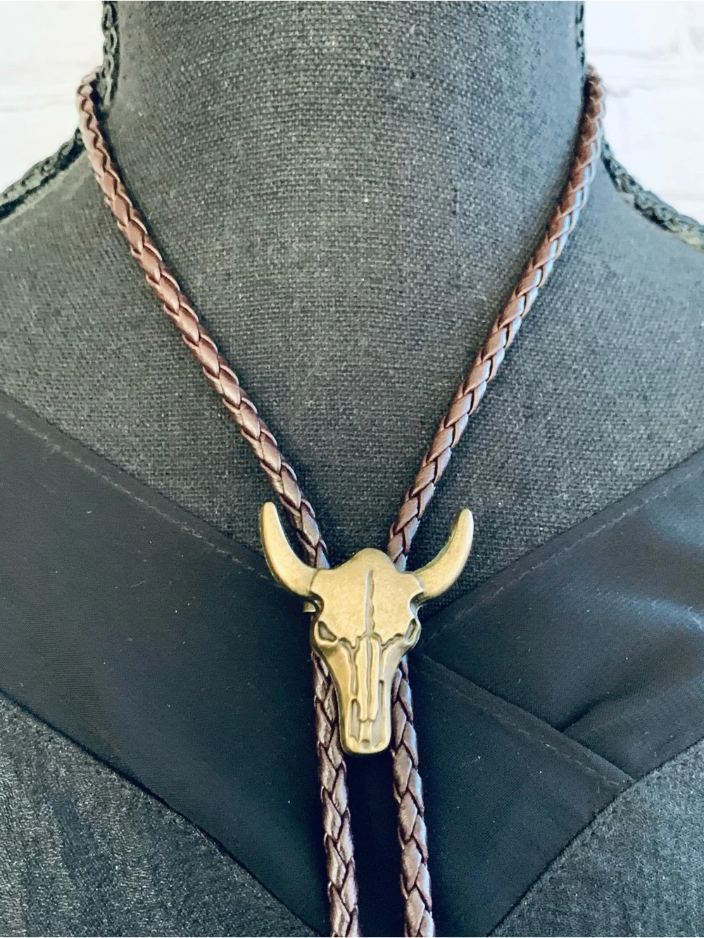 Western Bull Skull Bolo Tie in Brown Leather and Antique Brass